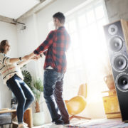 Happy couple domestic life situation. Wife and husband dancing a